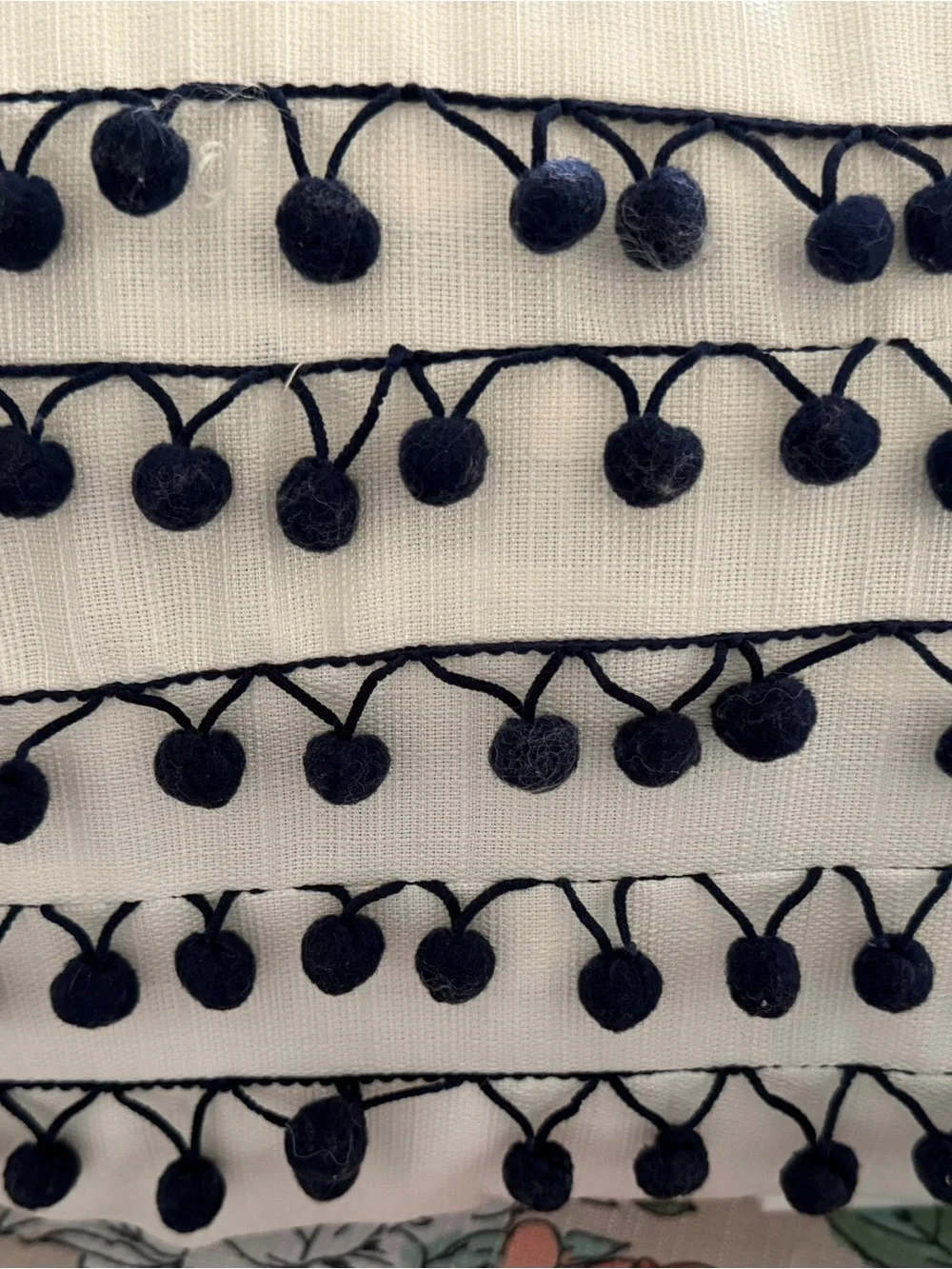 Pillow White Fabric Trim with Navy Pom-Pom Fringe
